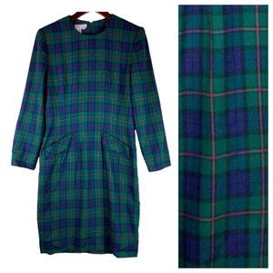 Vtg Talbots 6 Medium Shift Dress Tartan Plaid Wool Blend Green Blue Holiday